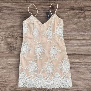 Lulus White Lace Overlay Tan Nude Slip Mini Dress Spaghetti Straps Size Large